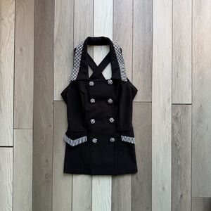 Anna U.S.A Vintage Black Halter Top with Striped Accents